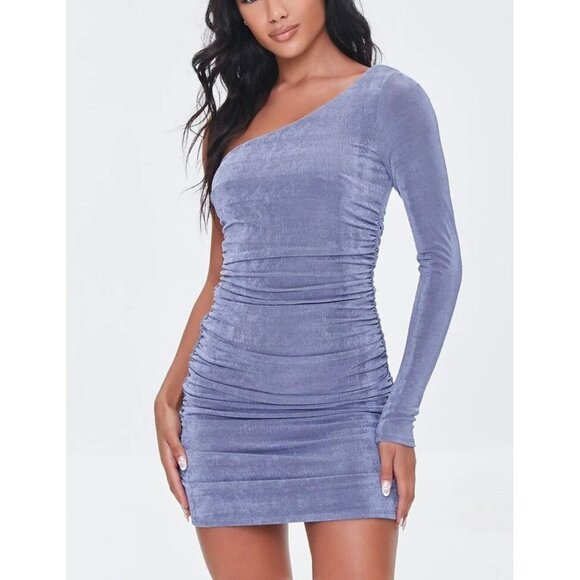 NWT Forever 21 Ruched One-Shoulder Dress in Tan Size Large - Picture 9 of 11